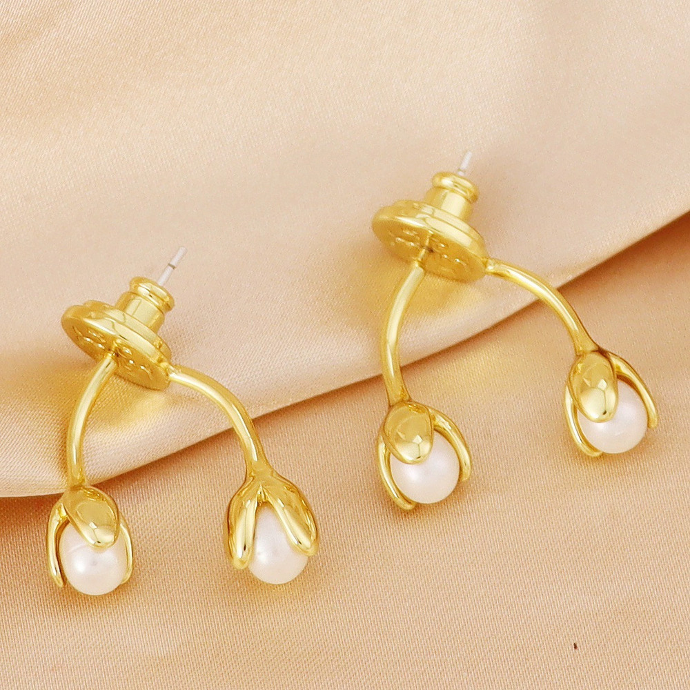 Tory Burch Classic Gold Plated Copper Silver Post Pearl Tulip Earrings
